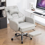 Fauteuil de bureau inclinable pivotant en cuir gris clair, support lombaire, repose-pieds