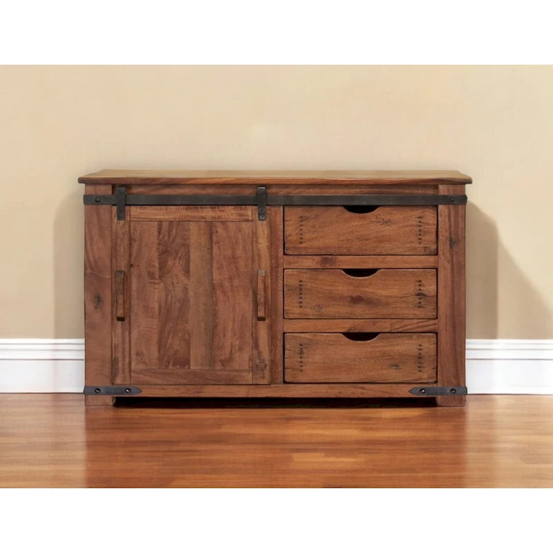 Meuble TV marron en bois massif avec rangements fermés et finition vieillie – 50 X 34.75 X 17.75