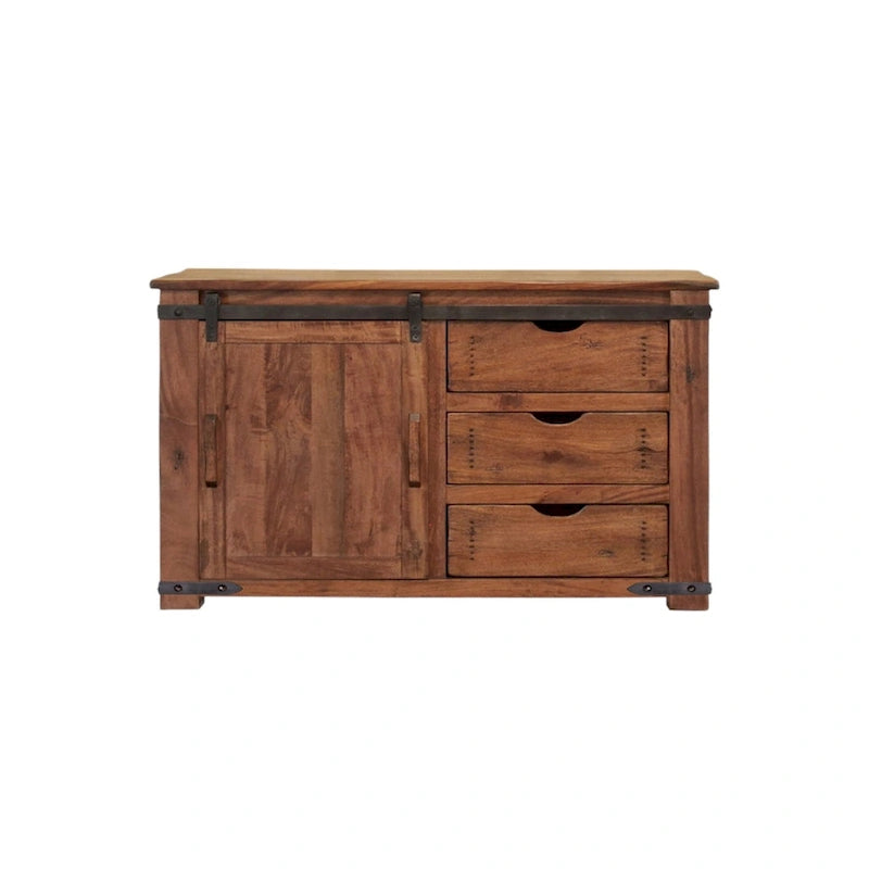 Meuble TV marron en bois massif avec rangements fermés et finition vieillie – 50 X 34.75 X 17.75