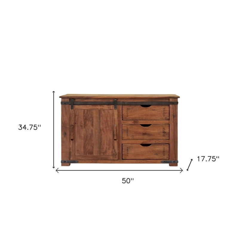 Meuble TV marron en bois massif avec rangements fermés et finition vieillie – 50 X 34.75 X 17.75