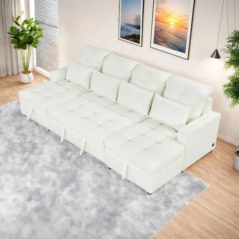 Canapé d'angle modulable en chenille surdimensionné de 279 cm avec lit gigogne, deux méridiennes de rangement et 2 ports USB