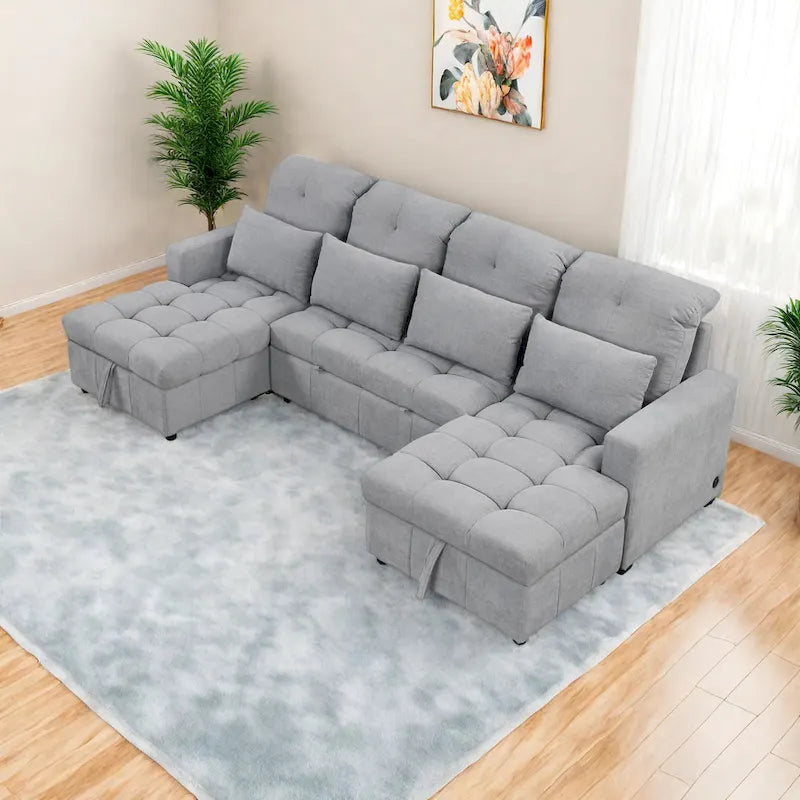 Canapé d'angle modulable en chenille surdimensionné de 279 cm avec lit gigogne, deux méridiennes de rangement et 2 ports USB