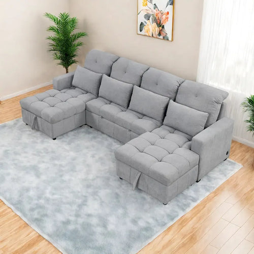 Canapé d'angle modulable en chenille surdimensionné de 279 cm avec lit gigogne, deux méridiennes de rangement et 2 ports USB