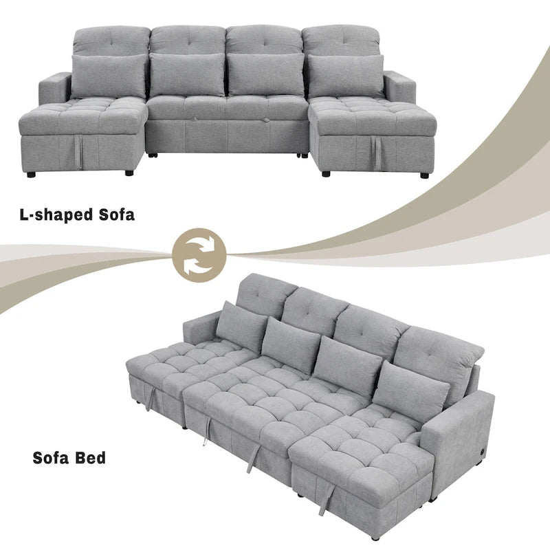 Canapé d'angle modulable en chenille surdimensionné de 279 cm avec lit gigogne, deux méridiennes de rangement et 2 ports USB