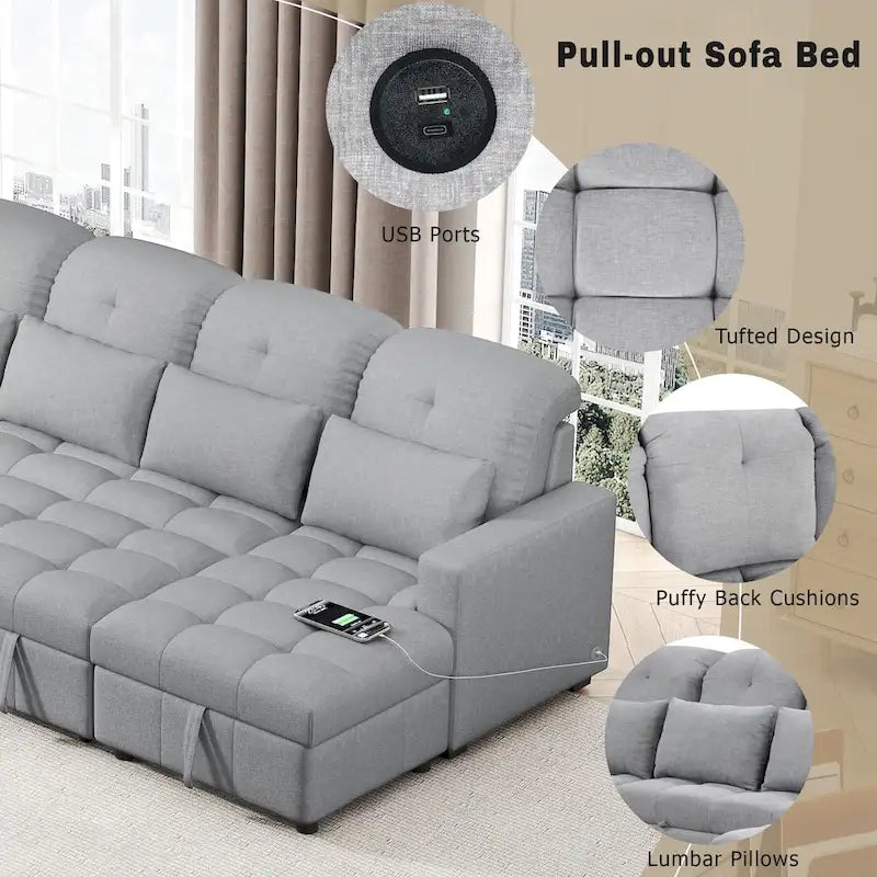 Canapé d'angle modulable en chenille surdimensionné de 279 cm avec lit gigogne, deux méridiennes de rangement et 2 ports USB