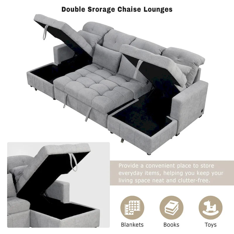 Canapé d'angle modulable en chenille surdimensionné de 279 cm avec lit gigogne, deux méridiennes de rangement et 2 ports USB