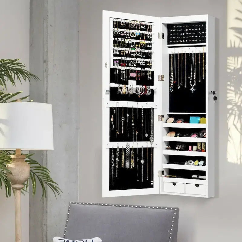 Armoire à bijoux murale avec miroir et lumières LED