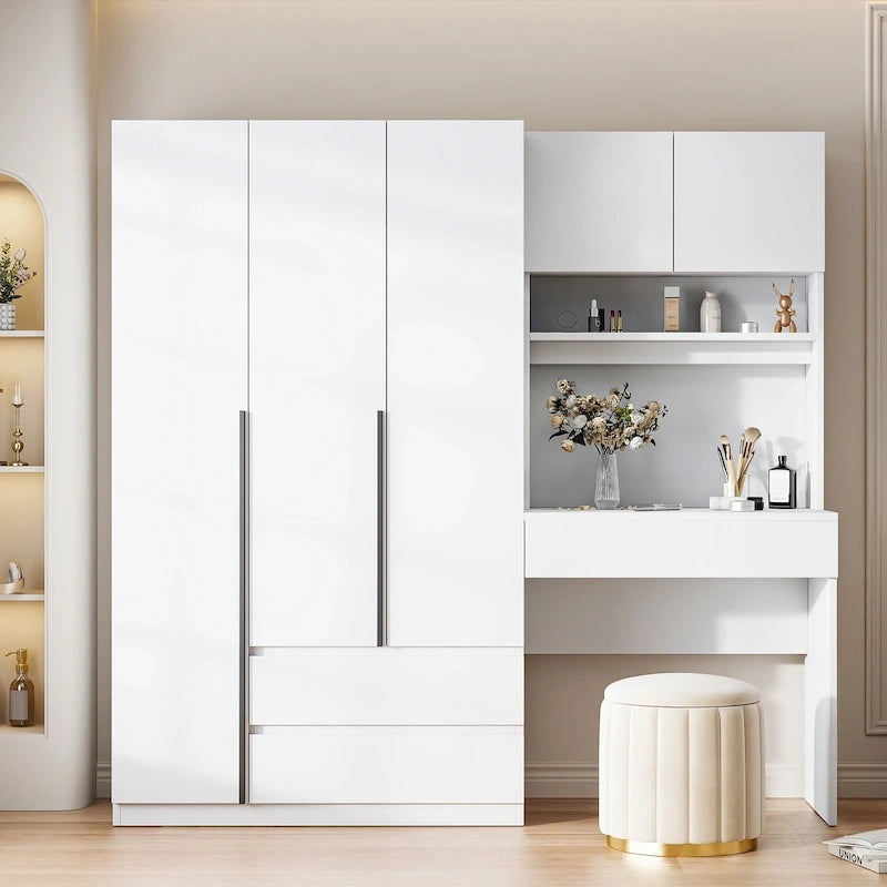 Armoire 3-en-1 avec Coiffeuse, Armoire de Chambre avec 2 Tiroirs, Bureau de Rangement à 3 Portes
