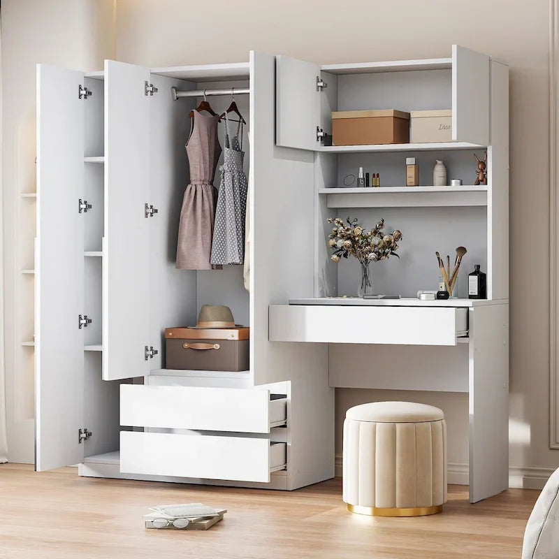 Armoire 3-en-1 avec Coiffeuse, Armoire de Chambre avec 2 Tiroirs, Bureau de Rangement à 3 Portes