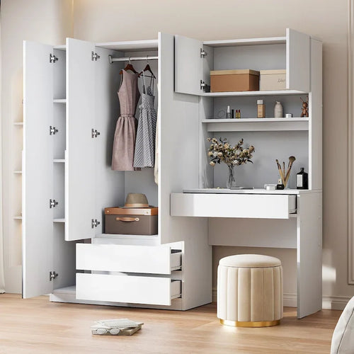 Armoire 3-en-1 avec Coiffeuse, Armoire de Chambre avec 2 Tiroirs, Bureau de Rangement à 3 Portes