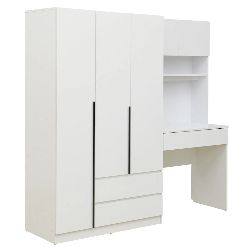 Armoire 3-en-1 avec Coiffeuse, Armoire de Chambre avec 2 Tiroirs, Bureau de Rangement à 3 Portes