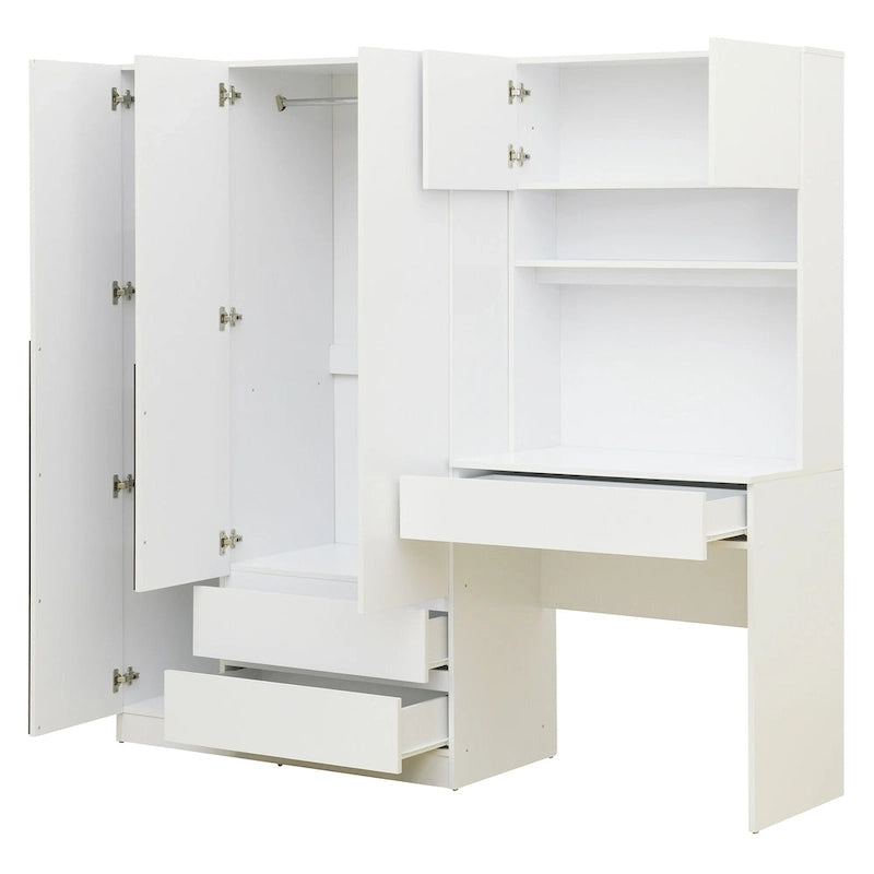 Armoire 3-en-1 avec Coiffeuse, Armoire de Chambre avec 2 Tiroirs, Bureau de Rangement à 3 Portes