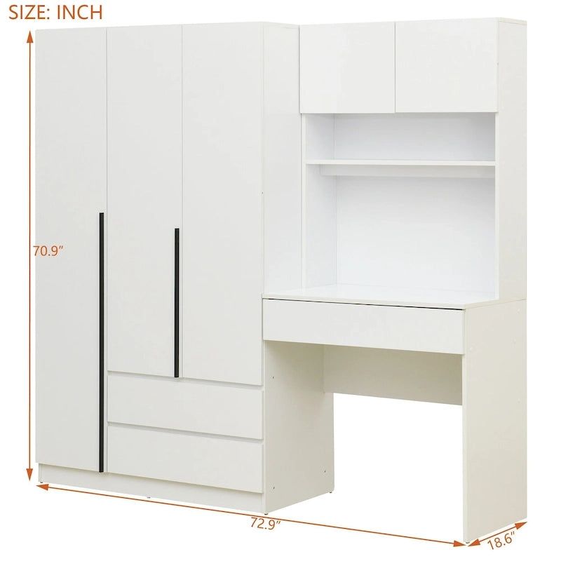 Armoire 3-en-1 avec Coiffeuse, Armoire de Chambre avec 2 Tiroirs, Bureau de Rangement à 3 Portes