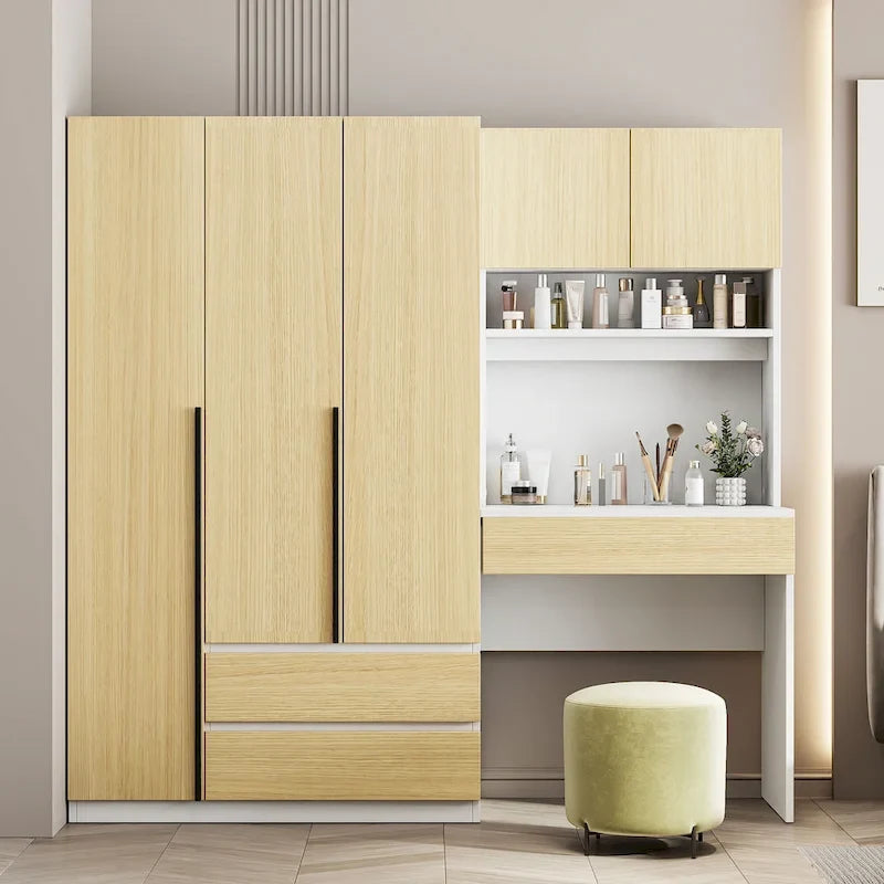 Armoire 3-en-1 avec Coiffeuse, Armoire de Chambre avec 2 Tiroirs, Bureau de Rangement à 3 Portes