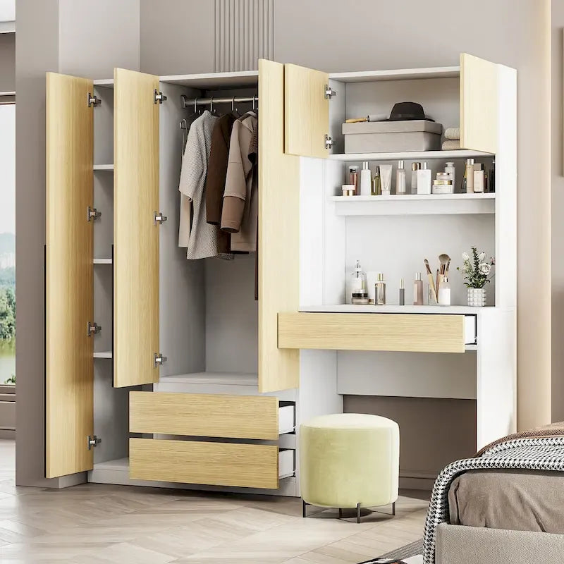 Armoire 3-en-1 avec Coiffeuse, Armoire de Chambre avec 2 Tiroirs, Bureau de Rangement à 3 Portes