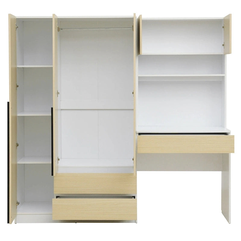 Armoire 3-en-1 avec Coiffeuse, Armoire de Chambre avec 2 Tiroirs, Bureau de Rangement à 3 Portes