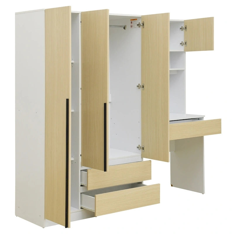Armoire 3-en-1 avec Coiffeuse, Armoire de Chambre avec 2 Tiroirs, Bureau de Rangement à 3 Portes