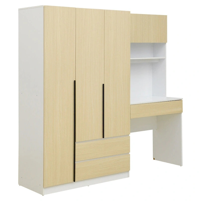 Armoire 3-en-1 avec Coiffeuse, Armoire de Chambre avec 2 Tiroirs, Bureau de Rangement à 3 Portes