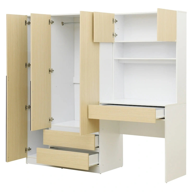 Armoire 3-en-1 avec Coiffeuse, Armoire de Chambre avec 2 Tiroirs, Bureau de Rangement à 3 Portes