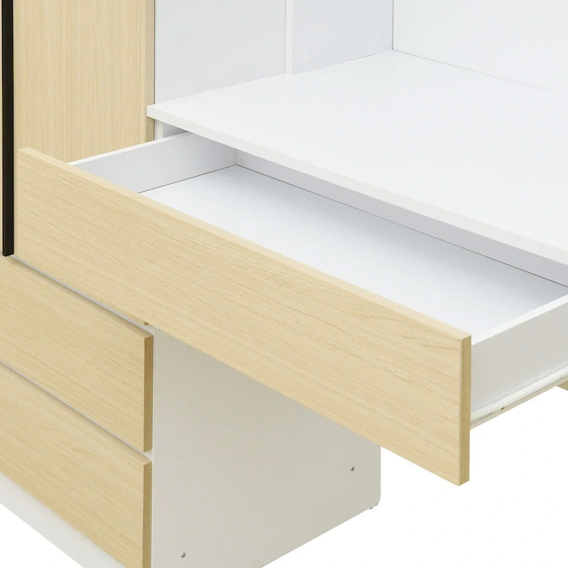Armoire 3-en-1 avec Coiffeuse, Armoire de Chambre avec 2 Tiroirs, Bureau de Rangement à 3 Portes