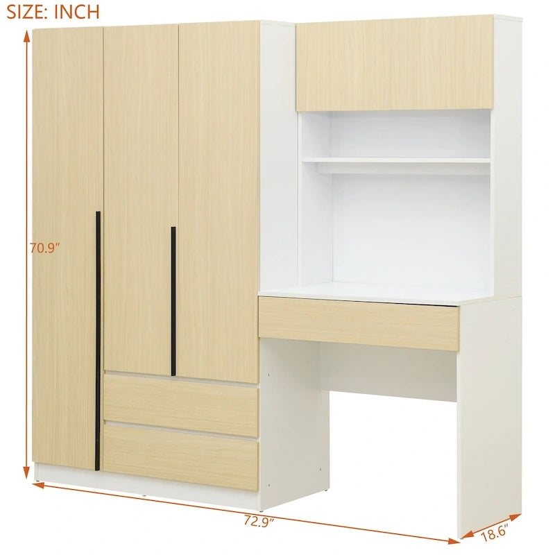 Armoire 3-en-1 avec Coiffeuse, Armoire de Chambre avec 2 Tiroirs, Bureau de Rangement à 3 Portes