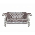 Causeuse, 5 coussins, tissu ivoire capitonné, volutes, blanc, 76 pouces