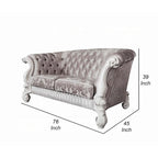 Causeuse, 5 coussins, tissu ivoire capitonné, volutes, blanc, 76 pouces