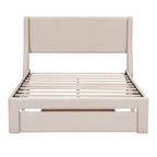 Lit plateforme tapissé en velours beige pleine grandeur avec grand tiroir