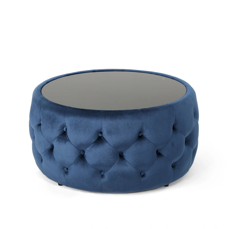 Table basse pouf en velours glamour et verre trempé