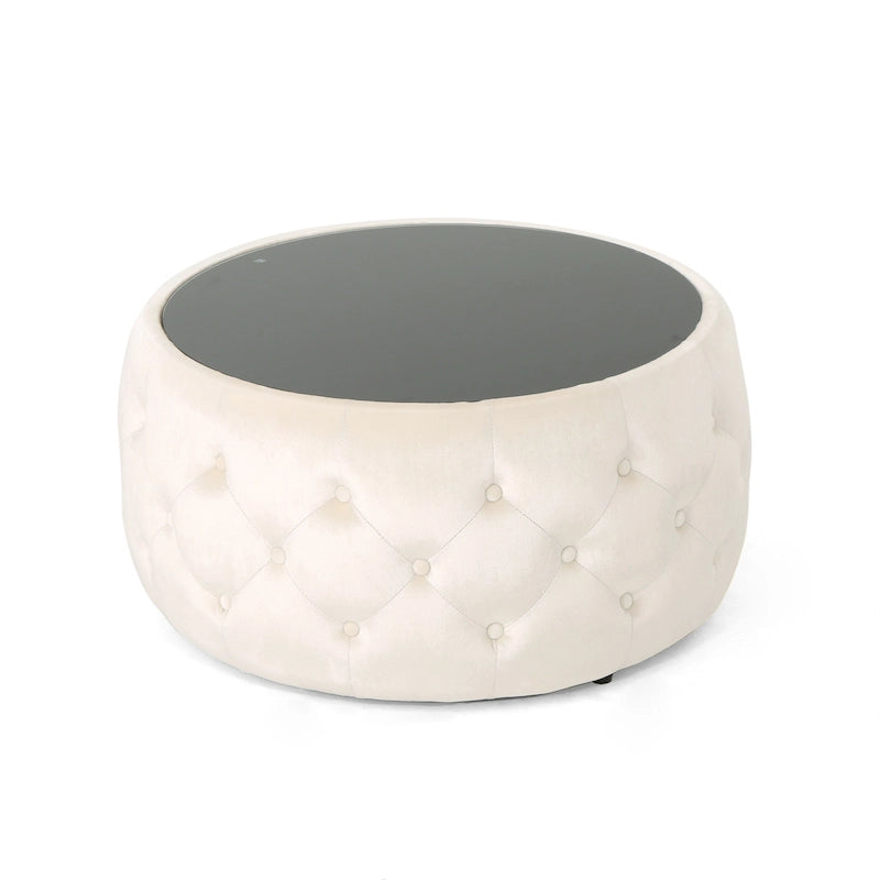 Table basse pouf en velours glamour et verre trempé