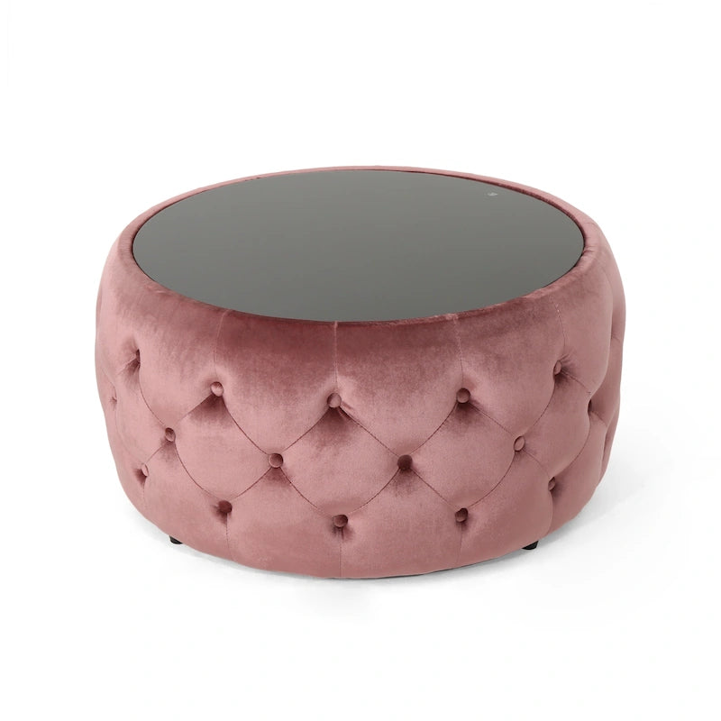 Table basse pouf en velours glamour et verre trempé
