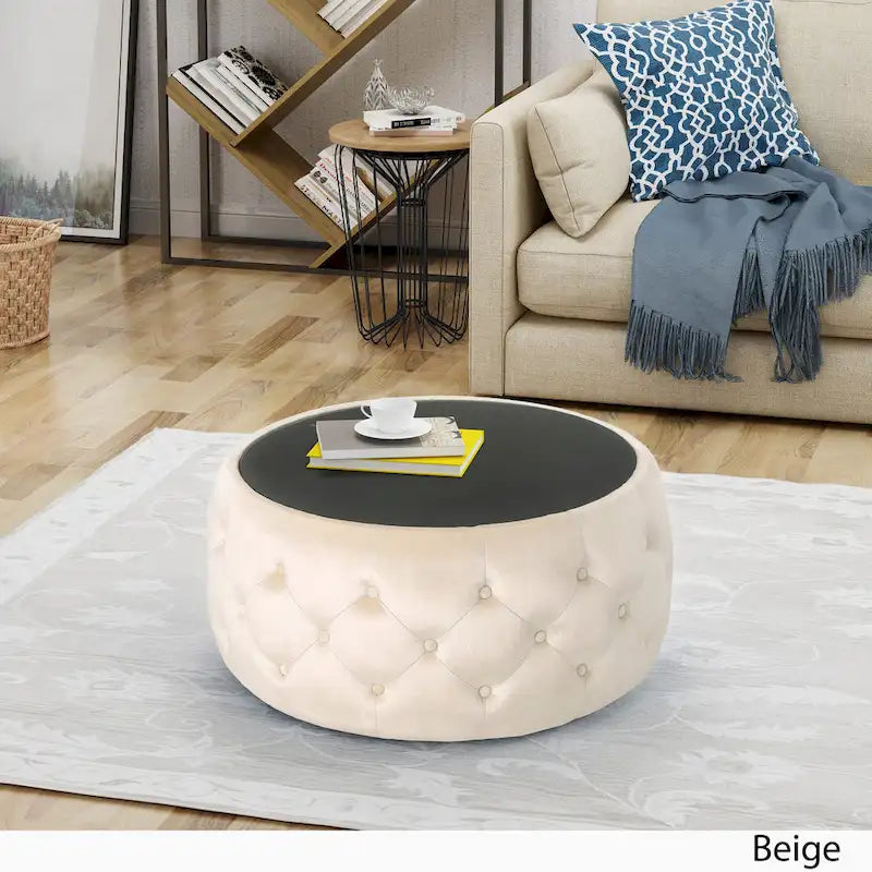 Table basse pouf en velours glamour et verre trempé