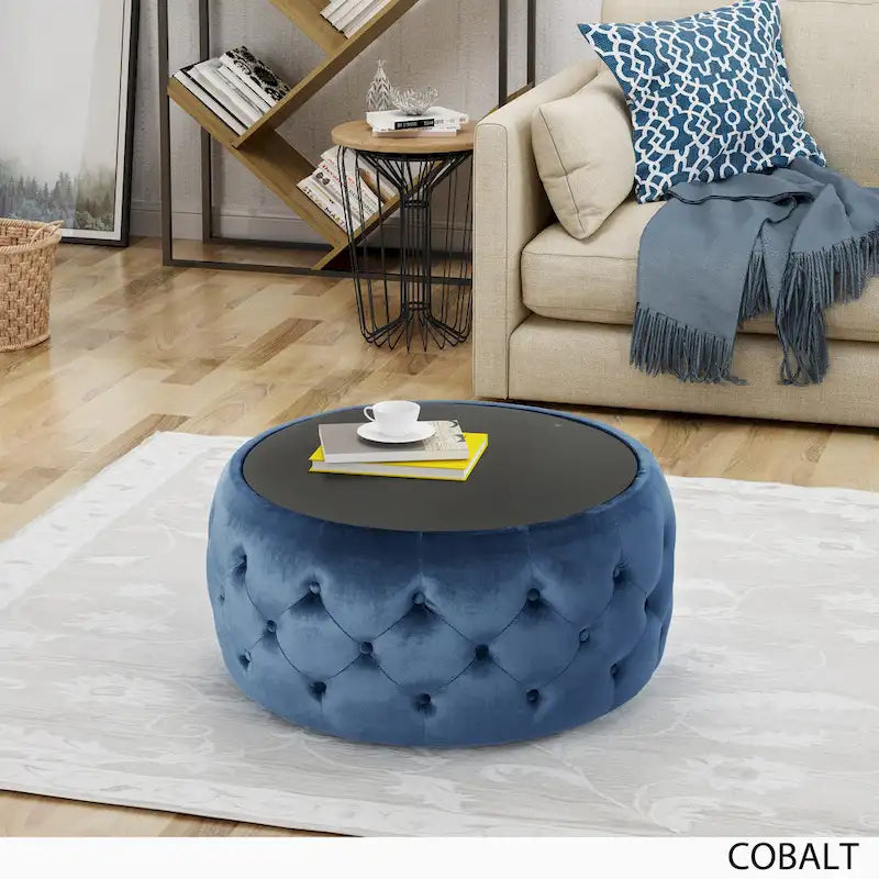 Table basse pouf en velours glamour et verre trempé