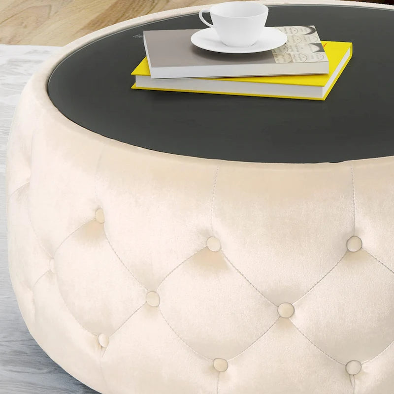 Table basse pouf en velours glamour et verre trempé