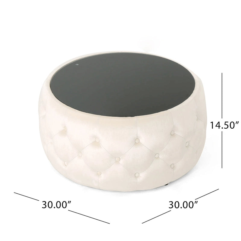 Table basse pouf en velours glamour et verre trempé