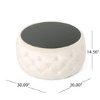 Table basse pouf en velours glamour et verre trempé