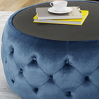 Table basse pouf en velours glamour et verre trempé