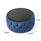 Table basse pouf en velours glamour et verre trempé