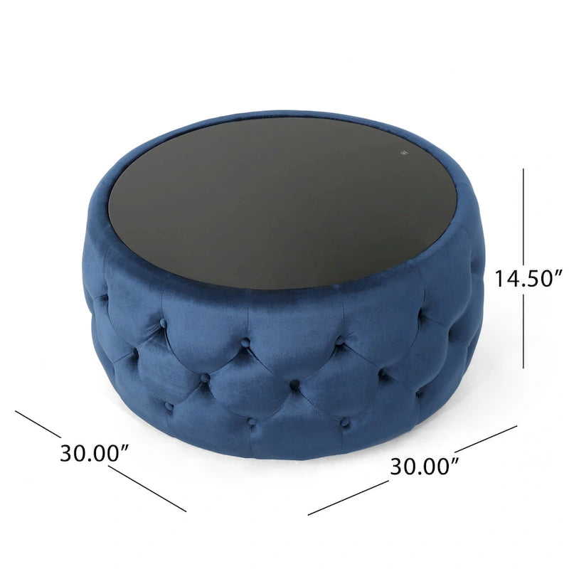 Table basse pouf en velours glamour et verre trempé