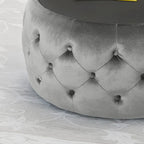 Table basse pouf en velours glamour et verre trempé