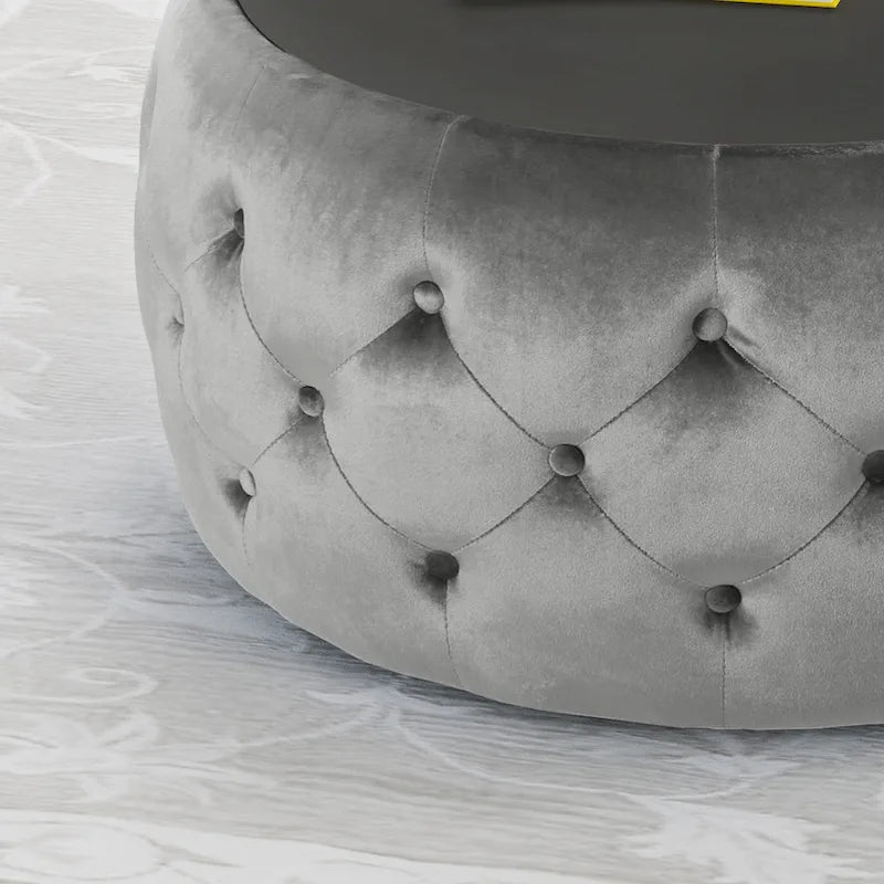 Table basse pouf en velours glamour et verre trempé