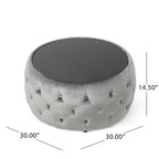 Table basse pouf en velours glamour et verre trempé