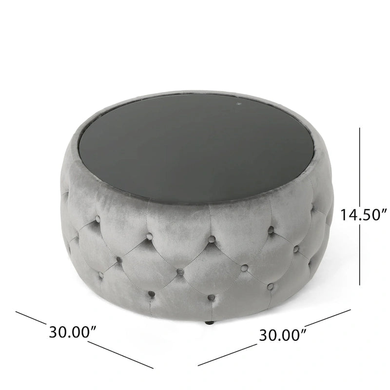 Table basse pouf en velours glamour et verre trempé
