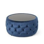 Table basse pouf en velours glamour et verre trempé