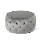 Table basse pouf en velours glamour et verre trempé