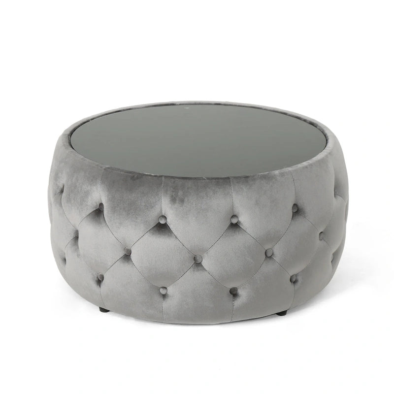 Table basse pouf en velours glamour et verre trempé