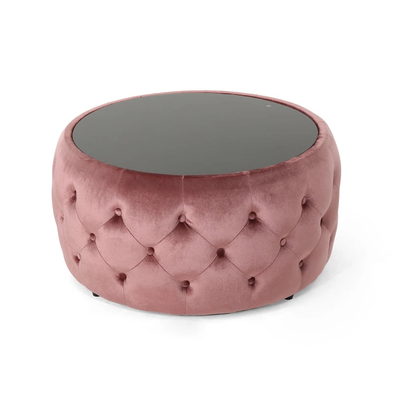 Table basse pouf en velours glamour et verre trempé