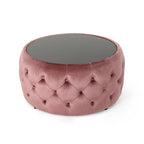 Table basse pouf en velours glamour et verre trempé