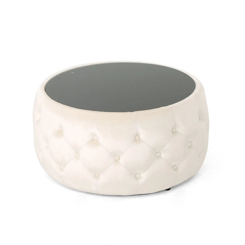 Table basse pouf en velours glamour et verre trempé