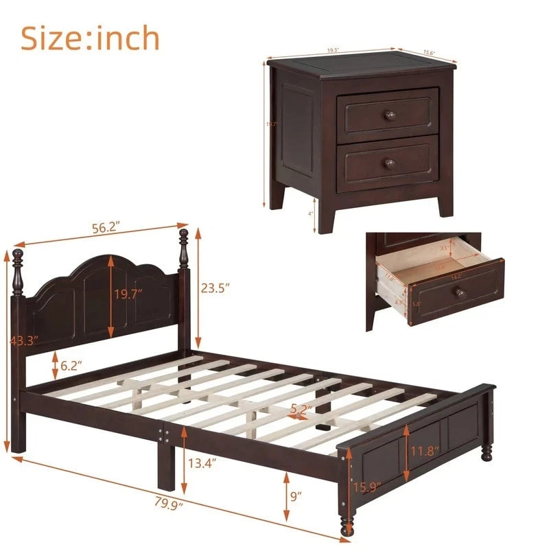 Lit Plateforme en Bois Queen/Full avec 2 Tables de Chevet